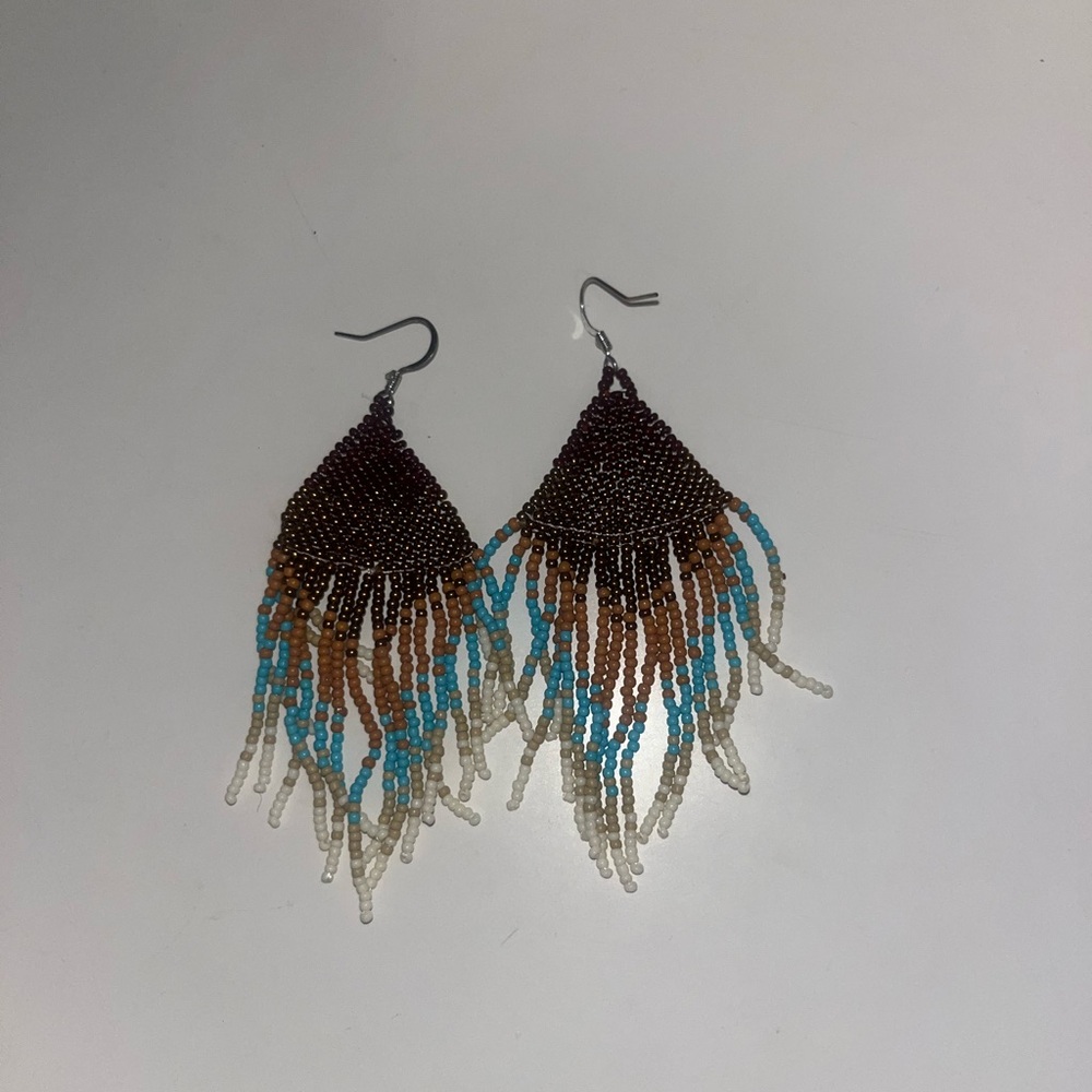 Elegant Beaded Fringe Earrings in Brown and Blue